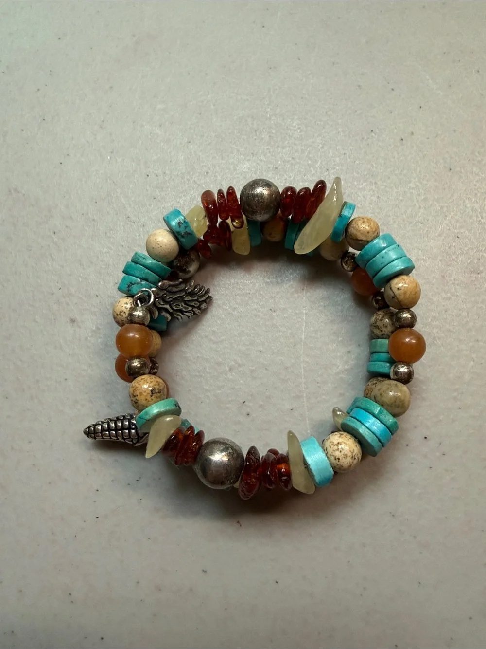 Carolyn Pollack coil Beaded Turquoise & Amber Charm Bracelet w/ sterling charms